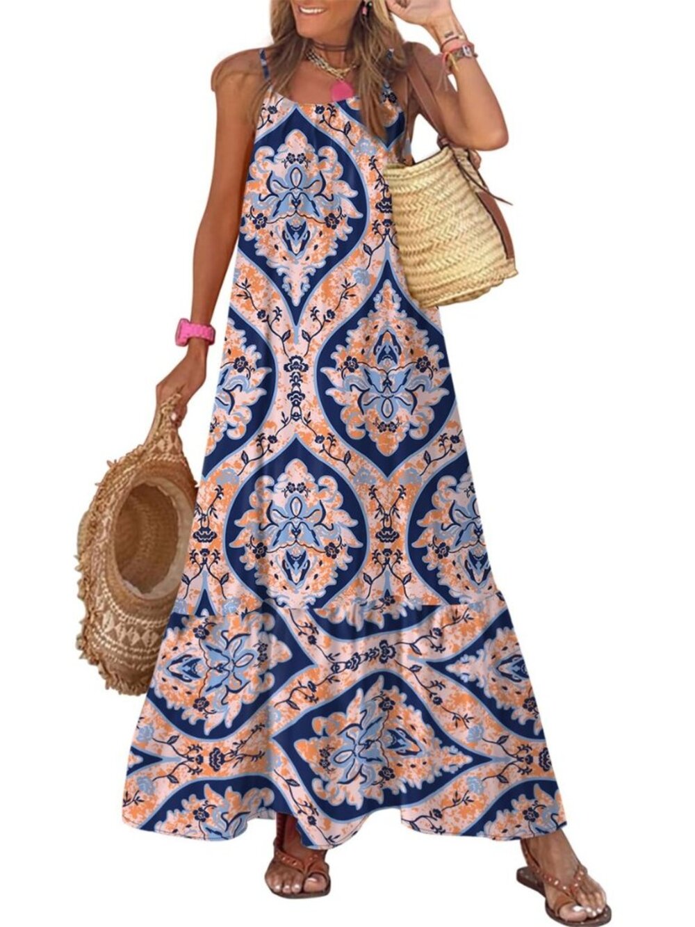 Women Summer Dresses Scoop Neck Ruffle Flowy Boho Maxi Dress